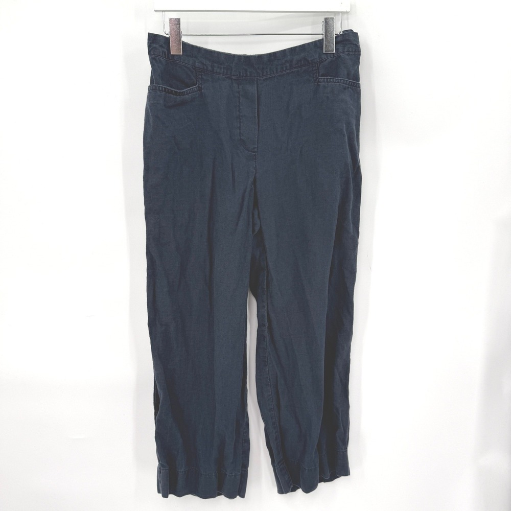 Linen Crop Pants Women L Blue Breathable Coastal Grandma Classic Minimalist